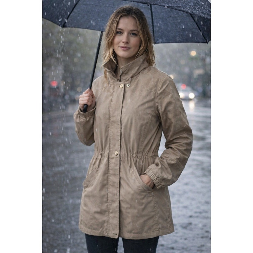 London Fog Rain Coat Jacket Womens XS Beige Tan Cinched Waist Snap Front Classic